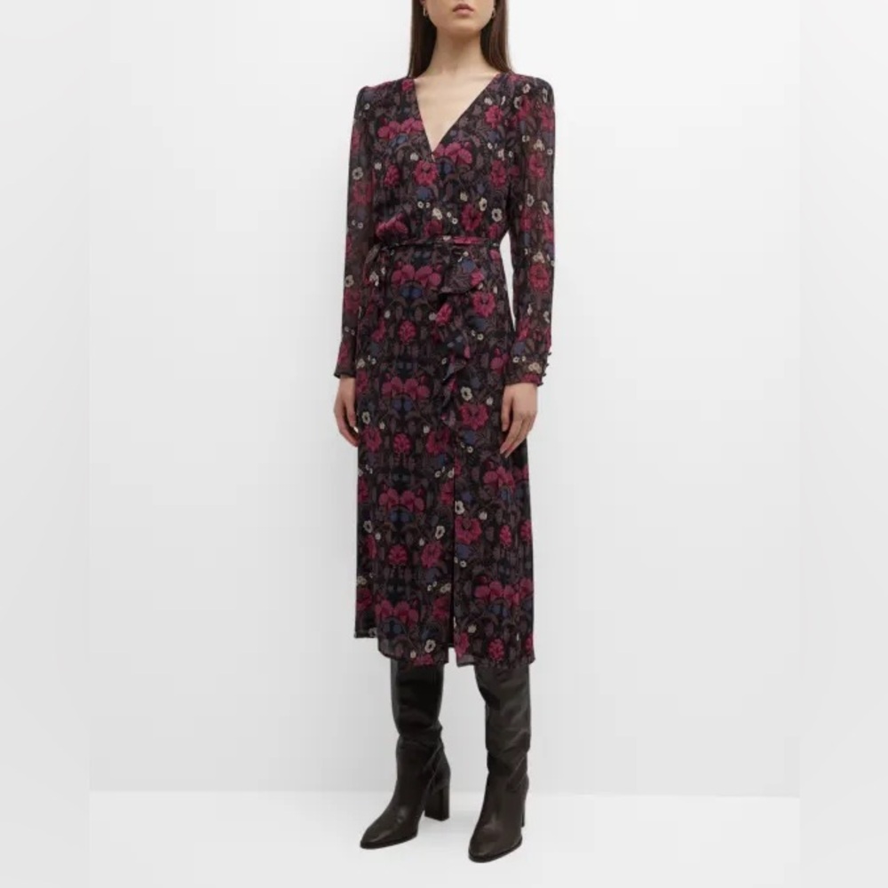 PAIGE Ledara Floral Long Sleeve Midi Dress Size XS NWOT Black Red White Multi